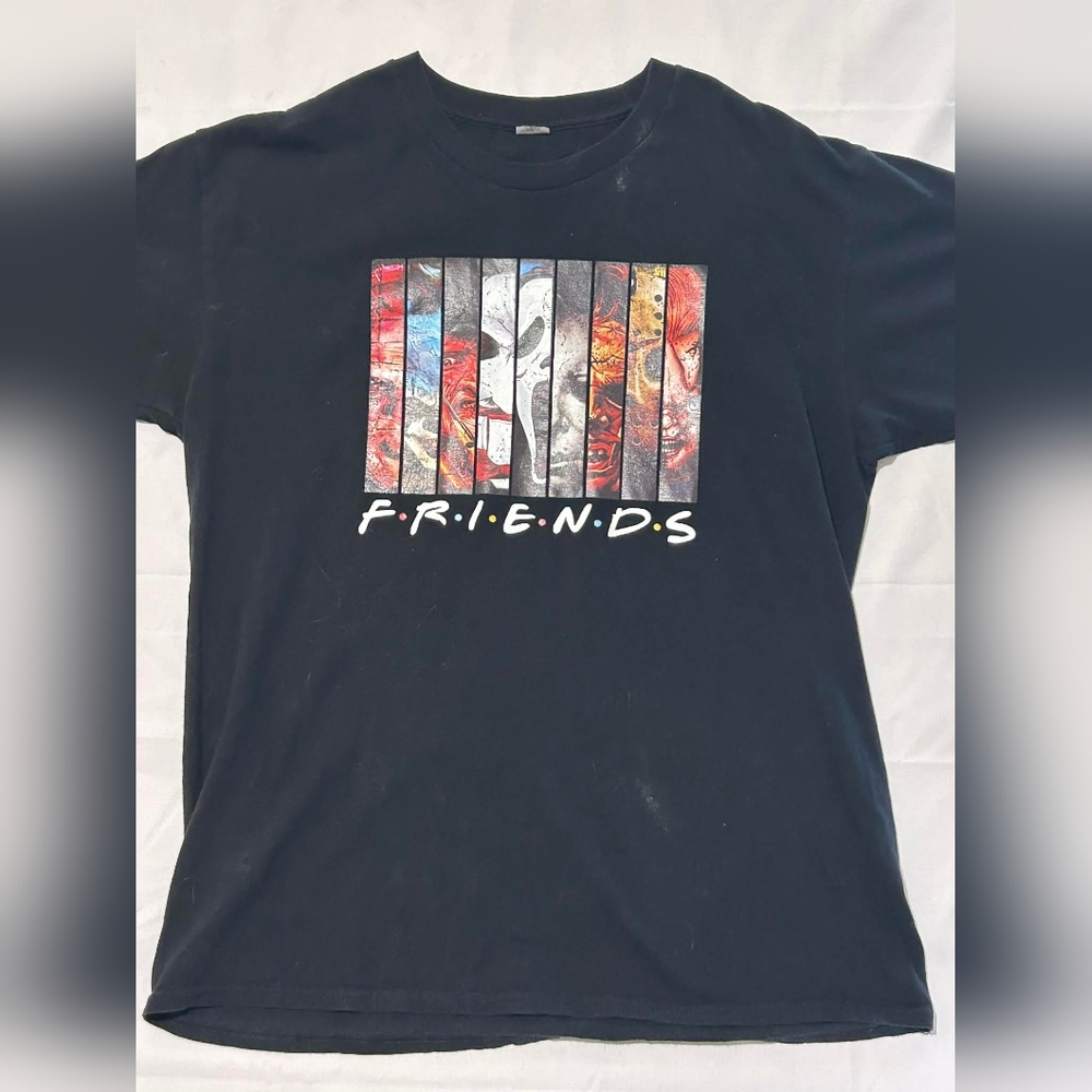 Friends Vintage Horror Mashup Graphic Tee Sz L P2P 22–27 Women’s XL Distressed